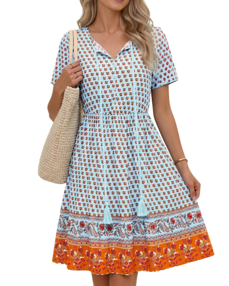 Ayla Vestido Midi Mujer – Boho, Viscosa 100%, Escote en V y Cordón con Borlas