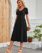 Elise Vestido Verano Mujer – Manga Corta, Cuello Redondo, Pliegues y Bolsillos