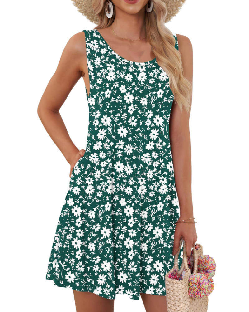 Dahlia Vestido Mujer – Floral Sin Mangas, Corte Swing y Bolsillos Laterales