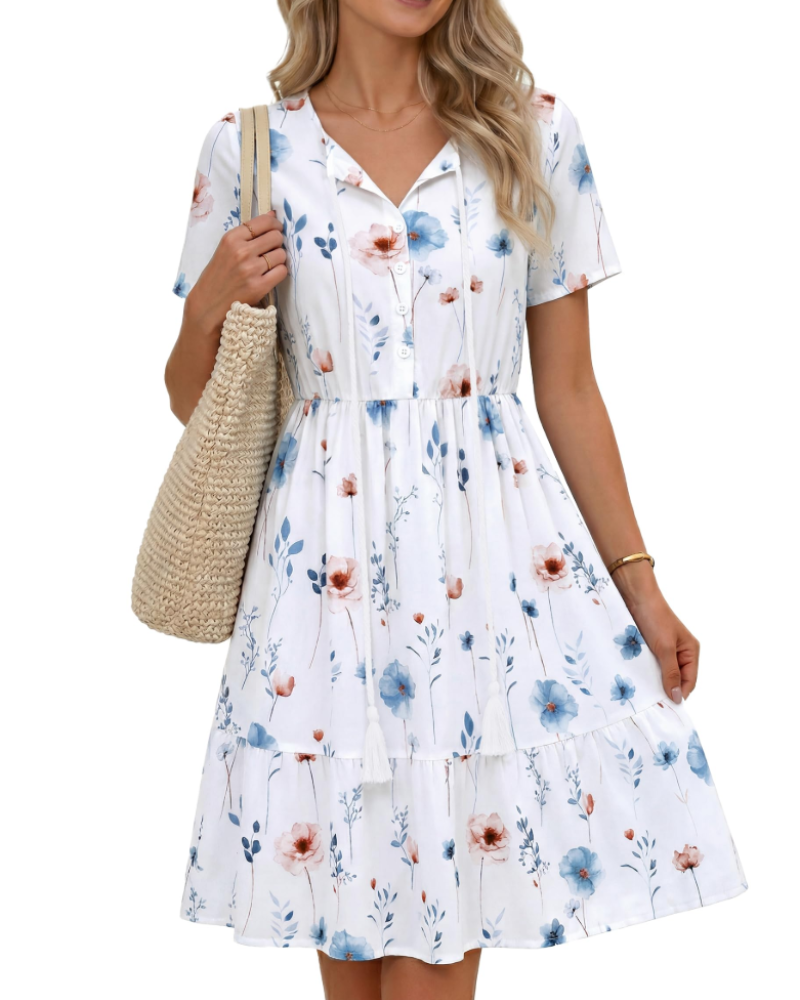 Ayla Vestido Midi Mujer – Boho, Viscosa 100%, Escote en V y Cordón con Borlas