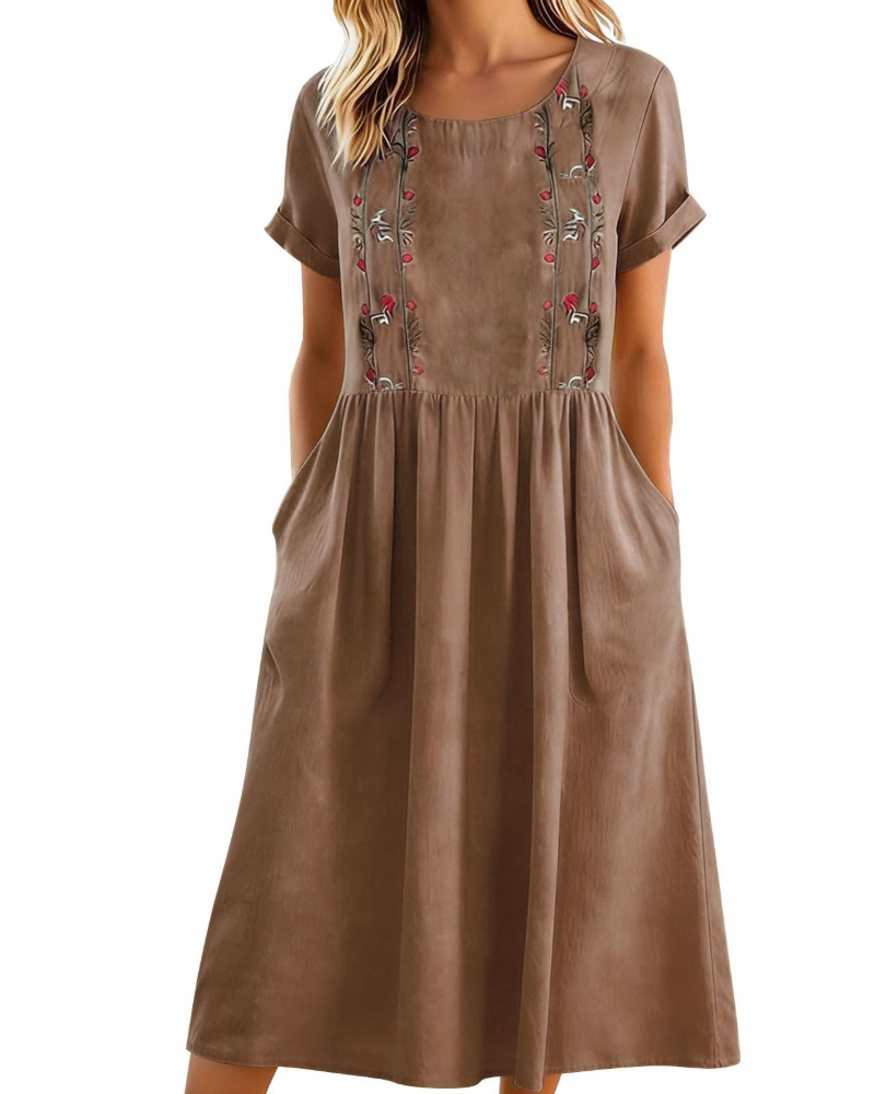 Nadine Vestido Midi Mujer – Algodón Lino, Bordado Floral, Línea A y Bolsillos