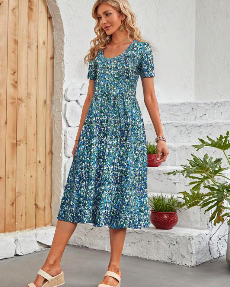 Elise Vestido Verano Mujer – Manga Corta, Cuello Redondo, Pliegues y Bolsillos