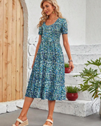 Elise Vestido Verano Mujer – Manga Corta, Cuello Redondo, Pliegues y Bolsillos