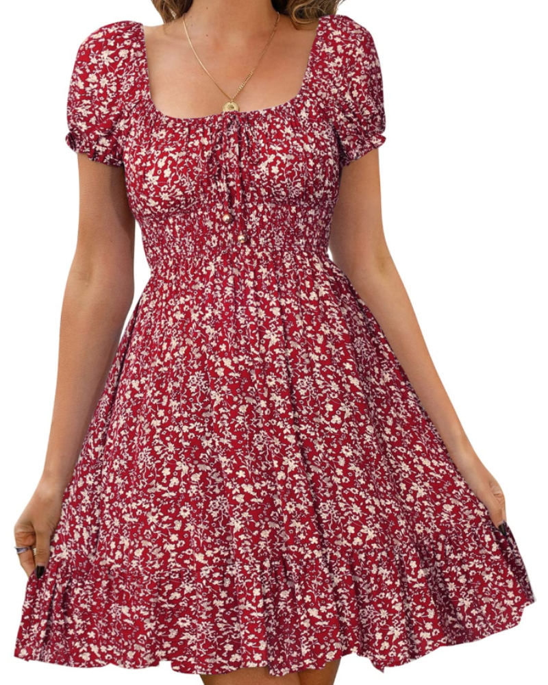 Stella Vestido Mini Mujer – Floral con Manga Abullonada y Espalda Abierta