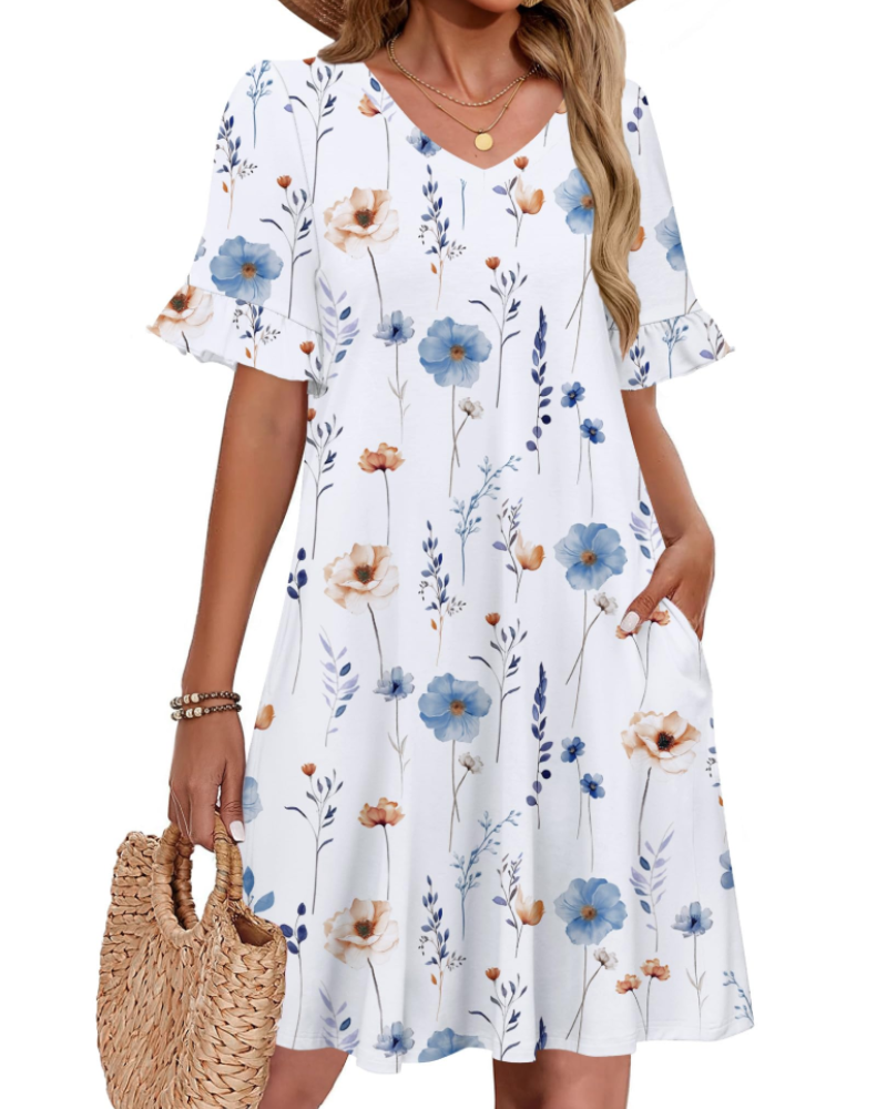 Clara Vestido Mujer – Corte Línea A, Escote en V, Manga Volante y Bolsillos