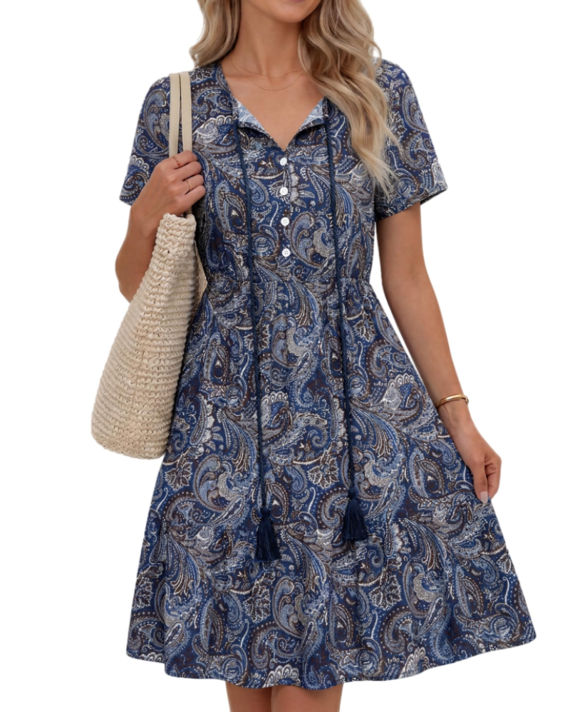 Ayla Vestido Midi Mujer – Boho, Viscosa 100%, Escote en V y Cordón con Borlas