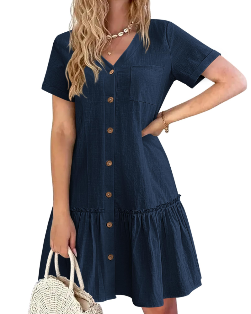 Daisy Vestido de Lino Mujer – Vestido de Verano Ligero con Cuello V y Botones de Madera