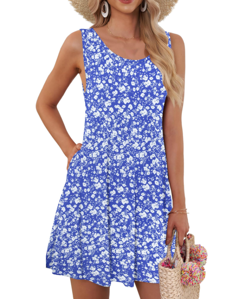 Dahlia Vestido Mujer – Floral Sin Mangas, Corte Swing y Bolsillos Laterales