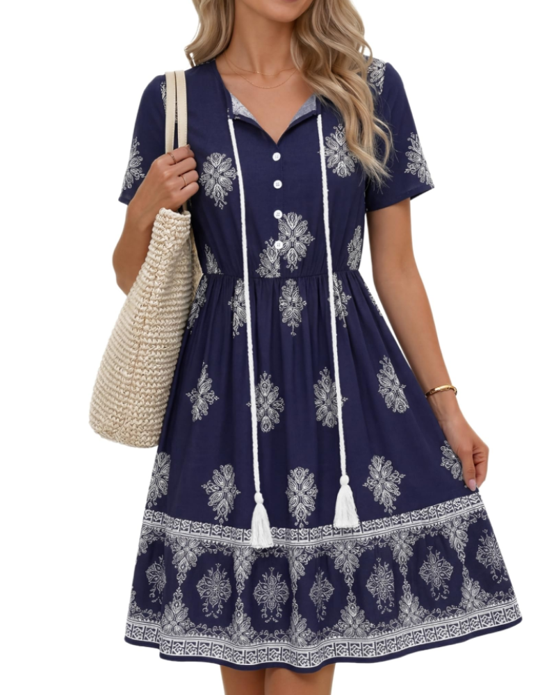 Ayla Vestido Midi Mujer – Boho, Viscosa 100%, Escote en V y Cordón con Borlas