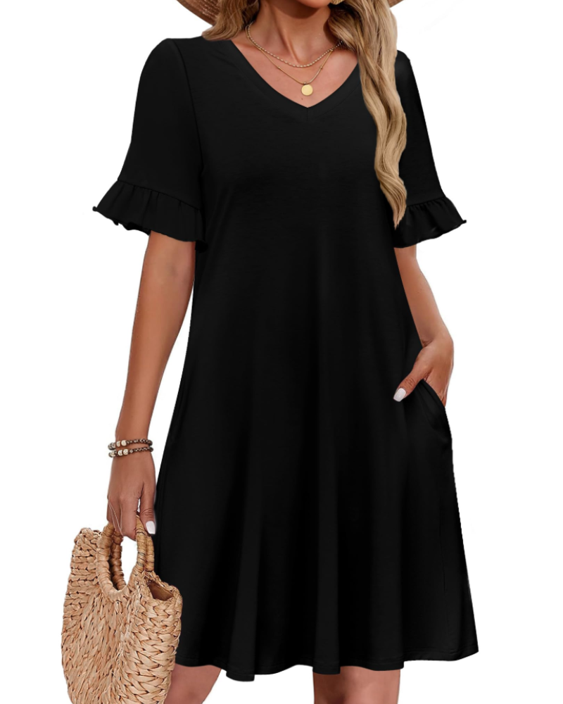 Clara Vestido Mujer – Corte Línea A, Escote en V, Manga Volante y Bolsillos