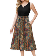 Lydia Vestido Midi Mujer – Sin Mangas, Escote en V, Cinturón y Bolsillos