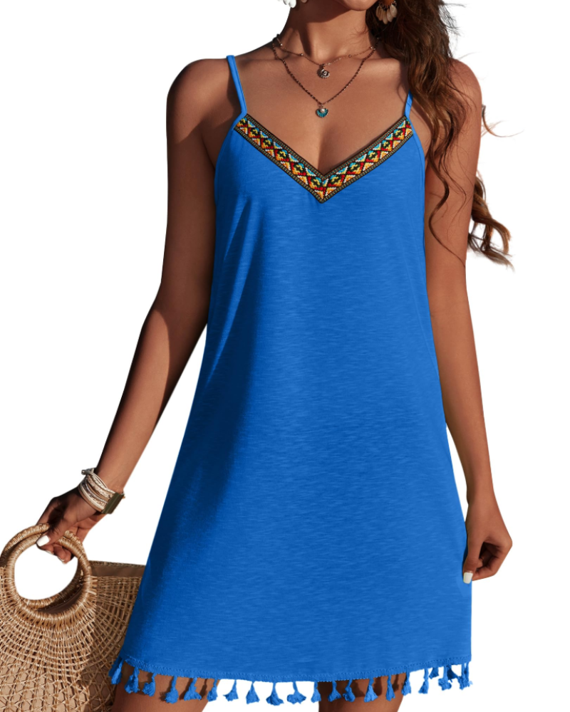 Madison Vestido Playa Mujer – Bordado Boho con V-Cuello y Tirantes Ajustables