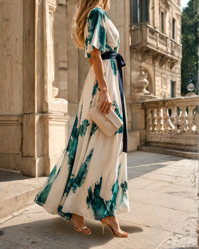 Eleanor Vestido Maxi Mujer – Estampado Verde, Escote Cruzado y Cintura Ajustable