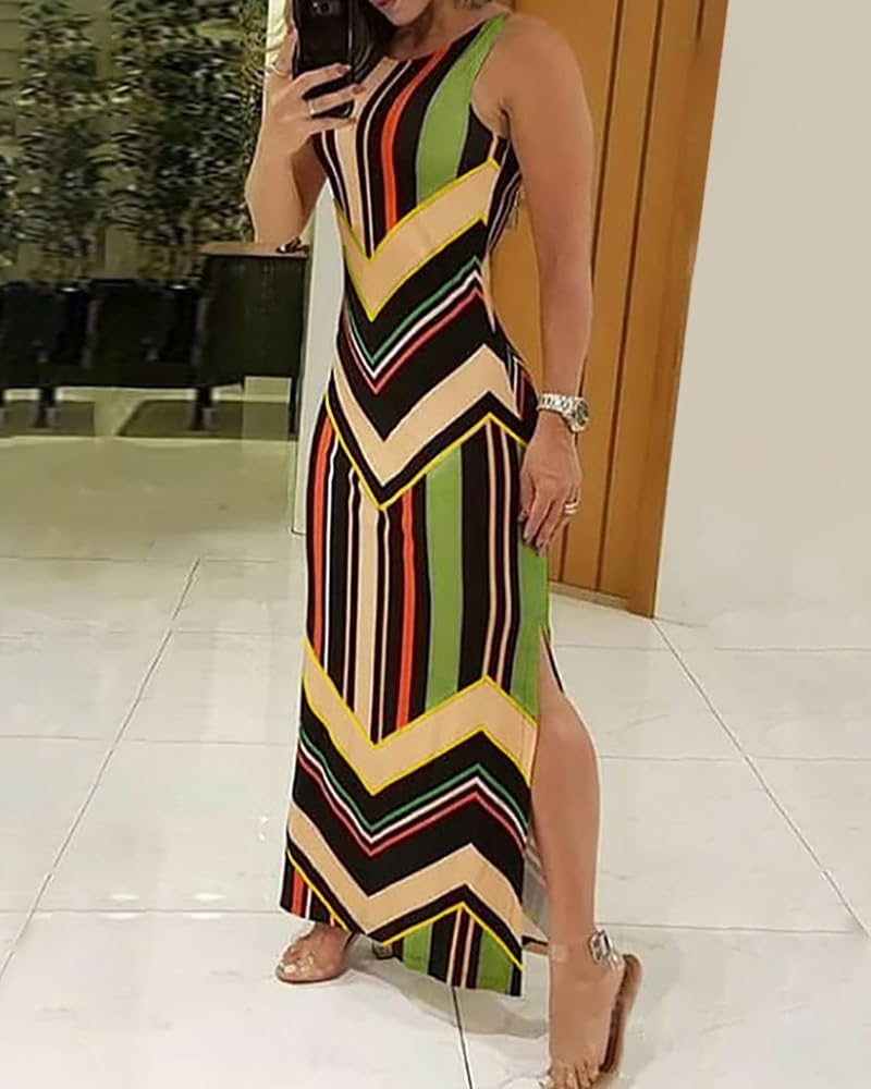Brooke Vestido Maxi Mujer – Estampado de Rayas, Sin Mangas, Abertura Lateral y Corte Elegante
