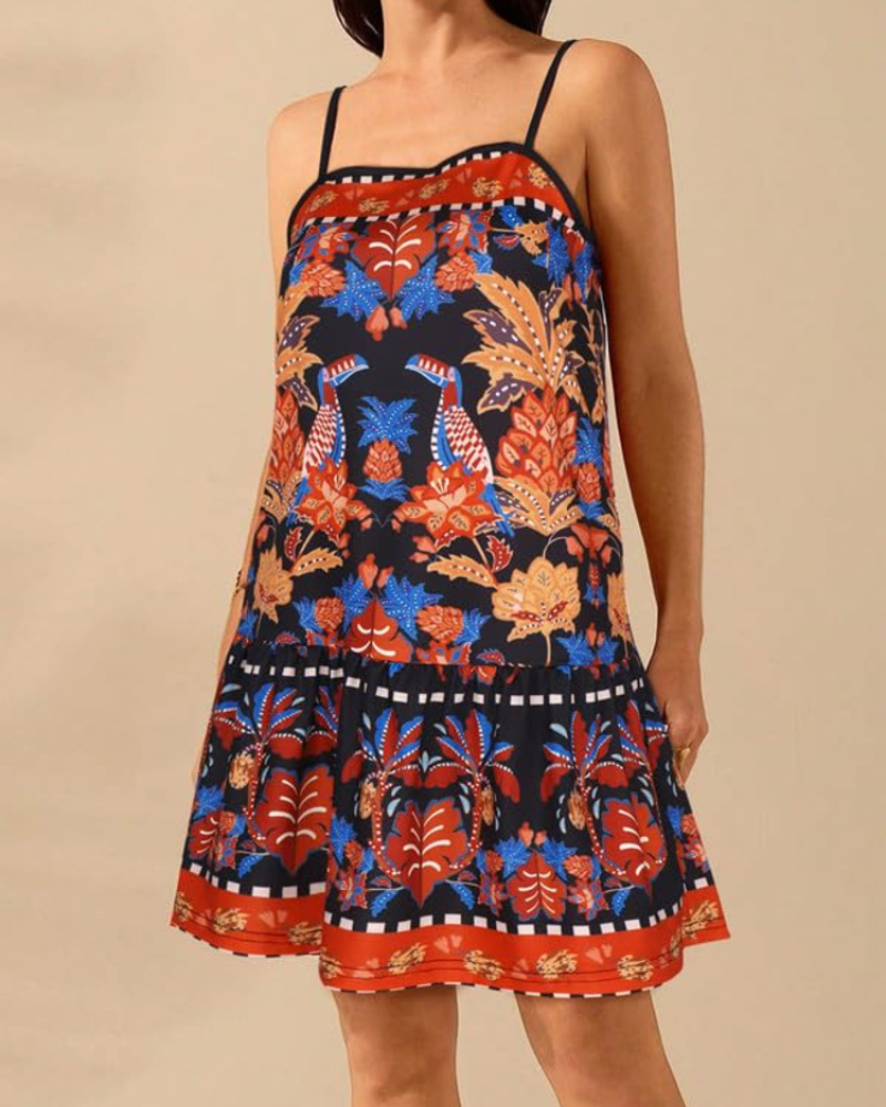 Layla Vestido Mini Mujer – Tirantes Finos, Cuello Recto, Bajo Fruncido y Corte A