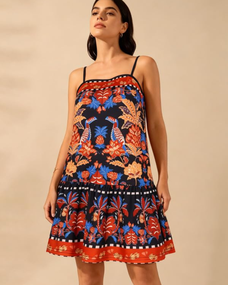Layla Vestido Mini Mujer – Tirantes Finos, Cuello Recto, Bajo Fruncido y Corte A
