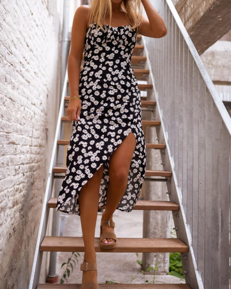 Marina Vestido Midi Mujer – Floral Margarita, Sin Tirantes, Fruncido y Abertura