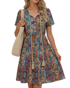 Ayla Vestido Midi Mujer – Boho, Viscosa 100%, Escote en V y Cordón con Borlas