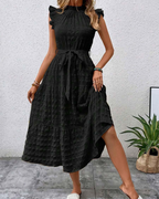 Florence Vestido Maxi Mujer – Negro, Cuello Alto, Cinturón y Bajo Corte A