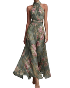 Margot Women’s Embroidered Midi Dress – Pleated Sleeveless Style & Asymmetric Hem