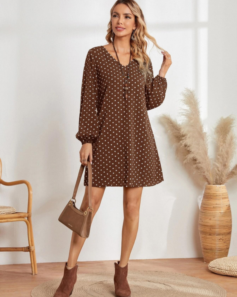 Mila Vestido Mini Mujer – Lunares, Escote en V, Manga Larga y Tejido Suave