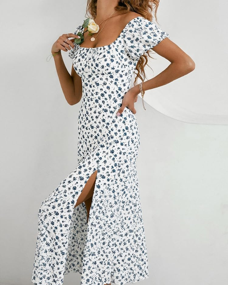 Rosalie Vestido Midi Mujer – Floral, Cuello Cuadrado, Manga Abullonada y Encaje