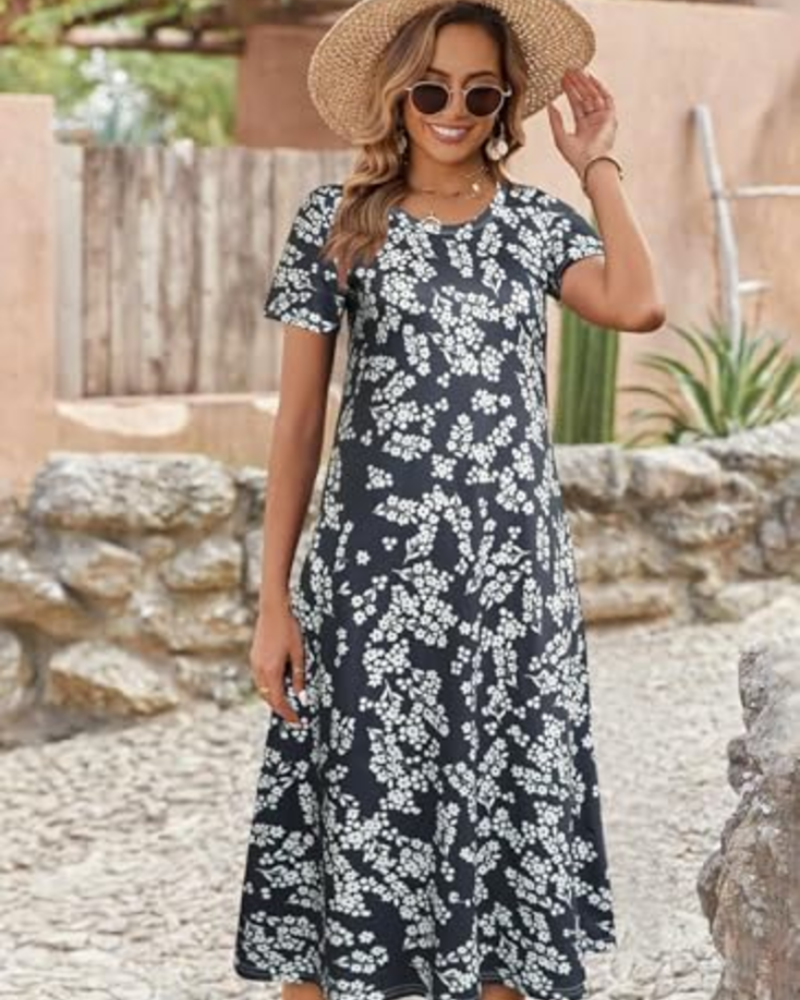 Nina Vestido Midi Mujer – Floral, Manga Corta, Cuello Redondo y Corte Holgado
