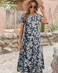 Nina Vestido Midi Mujer – Floral, Manga Corta, Cuello Redondo y Corte Holgado