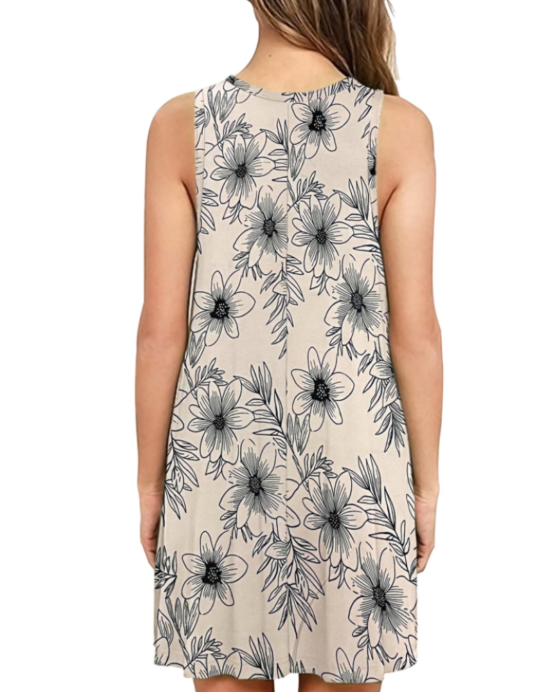 Dahlia Vestido Mujer – Floral Sin Mangas, Corte Swing y Bolsillos Laterales