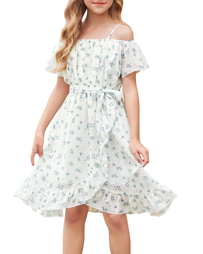 Robe Maisie pour fille en chiffon floral – bretelles ajustables, ceinture et longueur genou