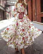 Luna Vestido Maxi Mujer – Chiffon Floral Boho, Cuello Redondo y Corte Fluido