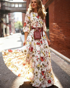 Luna Vestido Maxi Mujer – Chiffon Floral Boho, Cuello Redondo y Corte Fluido