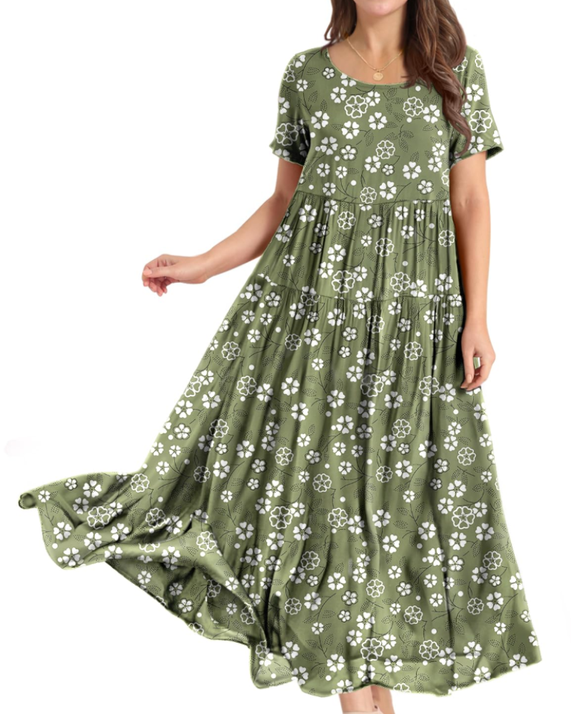 Amelia Vestido Maxi Mujer – Floral Boho, Cintura Imperio, Falda Escalonada y Bolsillos
