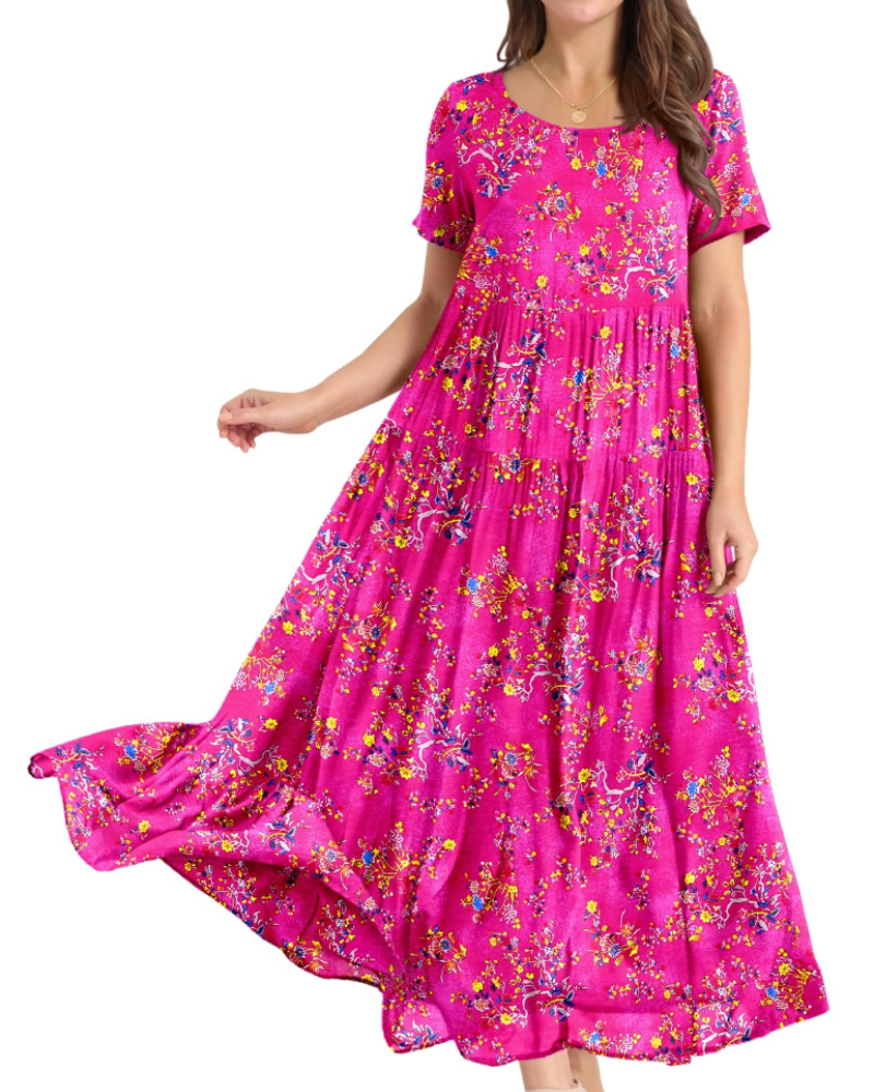 Amelia Vestido Maxi Mujer – Floral Boho, Cintura Imperio, Falda Escalonada y Bolsillos
