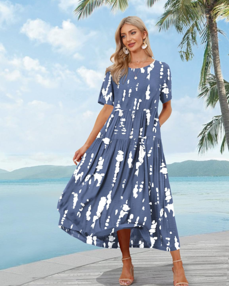 Amelia Vestido Maxi Mujer – Floral Boho, Cintura Imperio, Falda Escalonada y Bolsillos