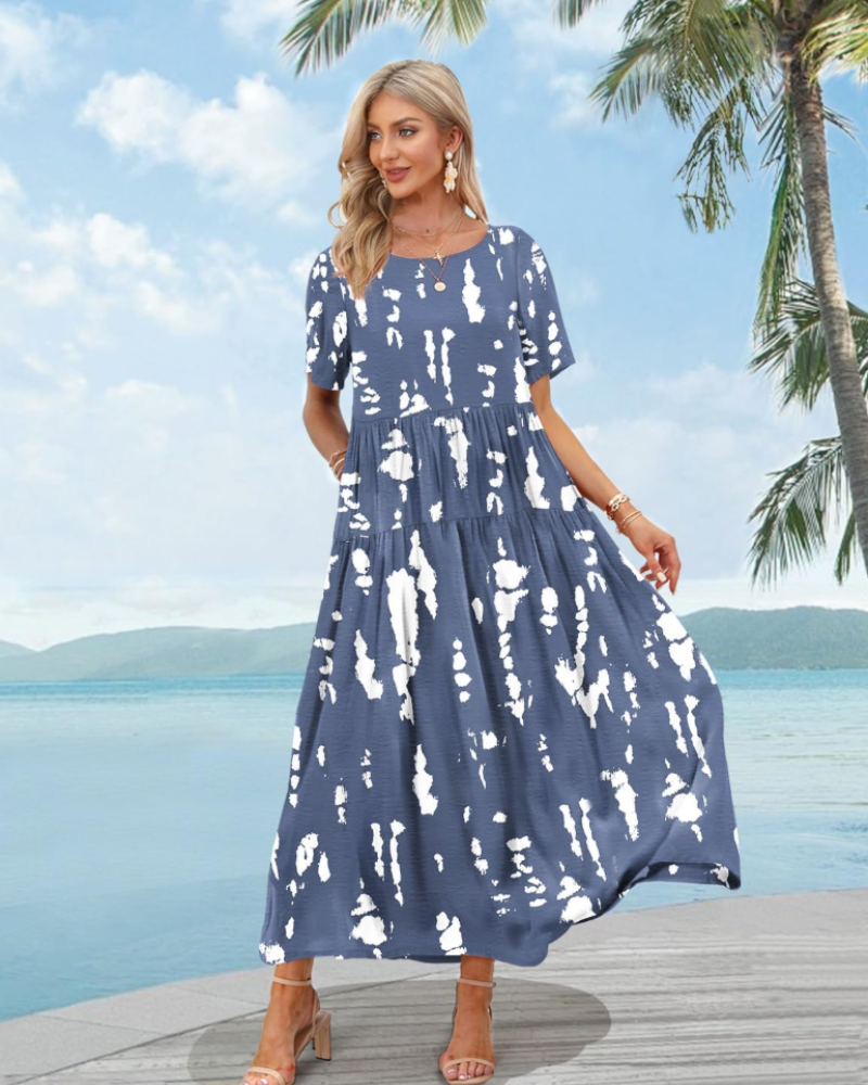Amelia Vestido Maxi Mujer – Floral Boho, Cintura Imperio, Falda Escalonada y Bolsillos