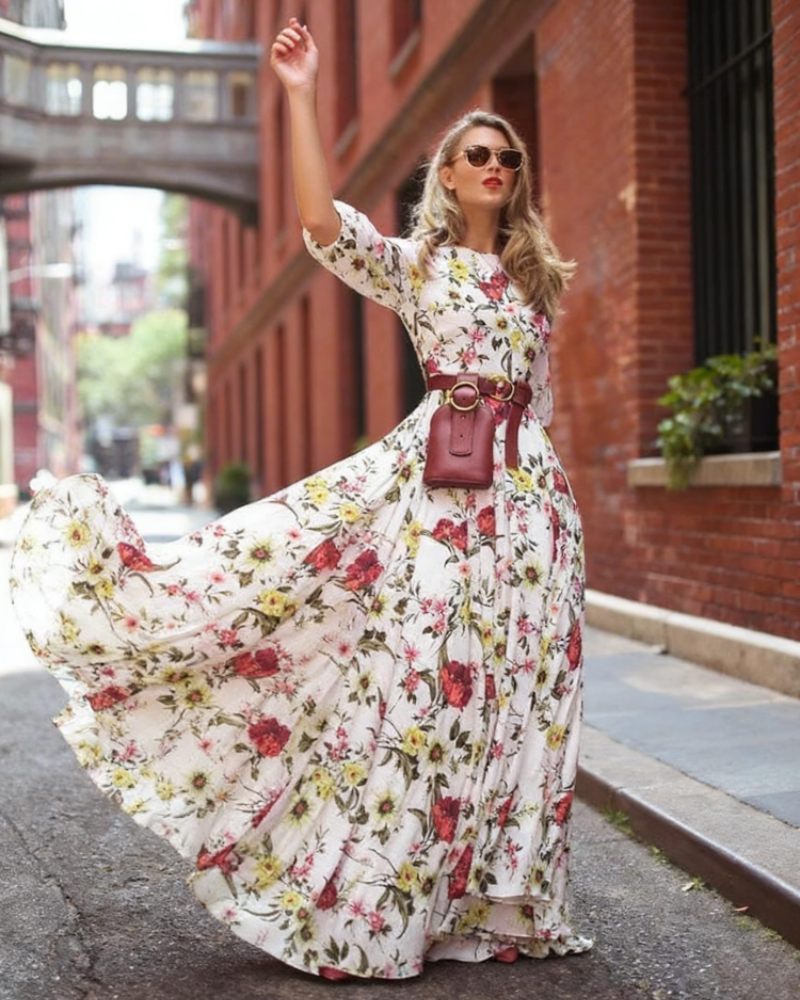 Luna Vestido Maxi Mujer – Chiffon Floral Boho, Cuello Redondo y Corte Fluido