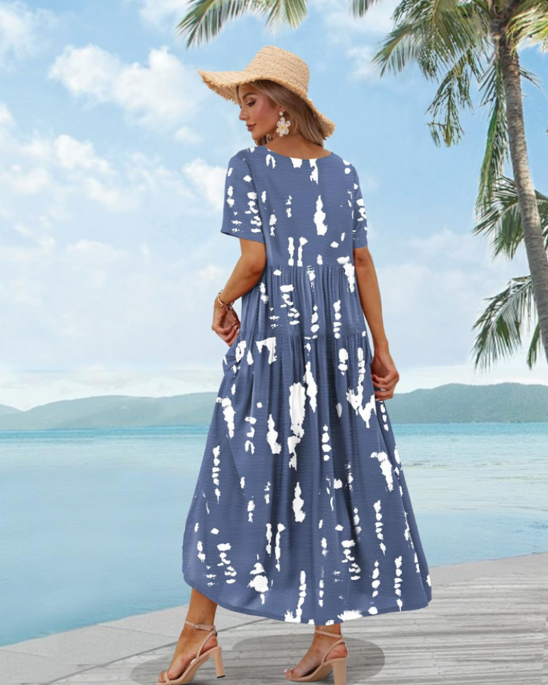 Amelia Vestido Maxi Mujer – Floral Boho, Cintura Imperio, Falda Escalonada y Bolsillos