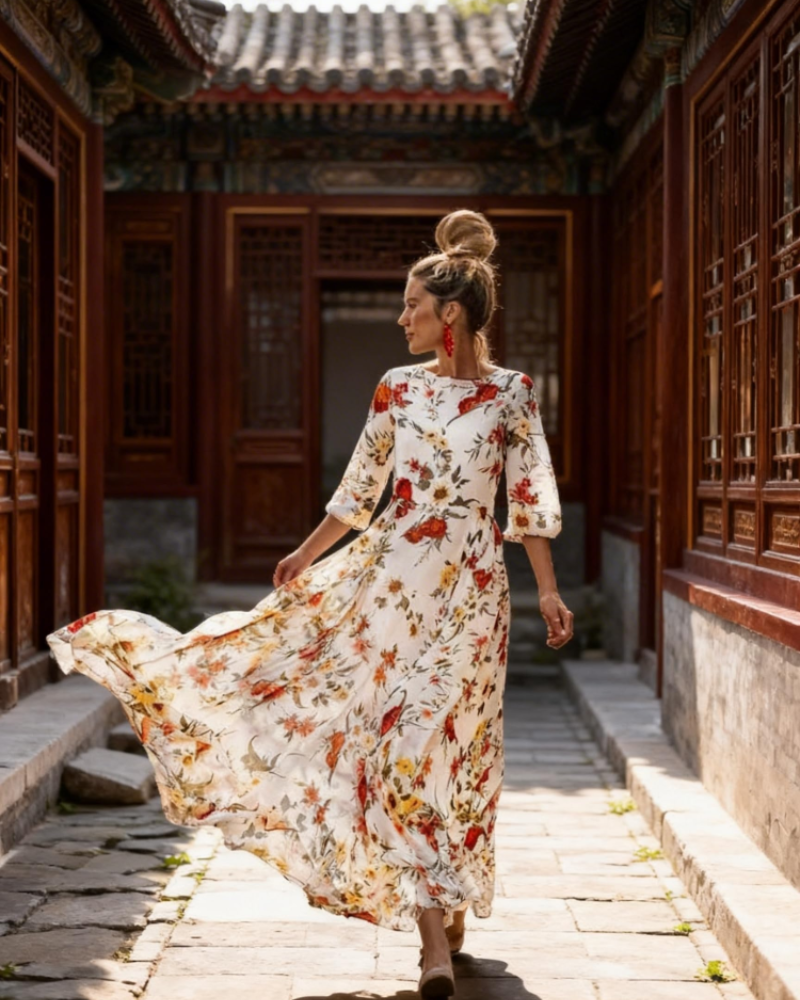 Luna Vestido Maxi Mujer – Chiffon Floral Boho, Cuello Redondo y Corte Fluido