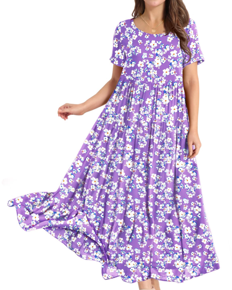 Amelia Vestido Maxi Mujer – Floral Boho, Cintura Imperio, Falda Escalonada y Bolsillos
