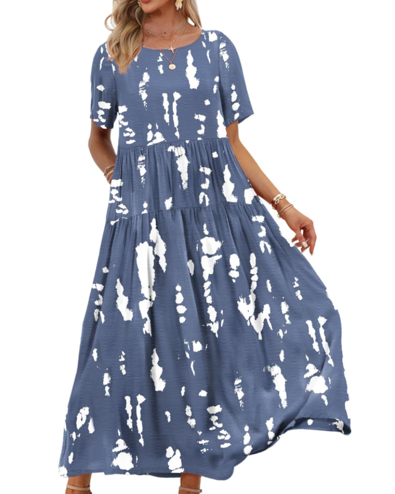 Amelia Vestido Maxi Mujer – Floral Boho, Cintura Imperio, Falda Escalonada y Bolsillos