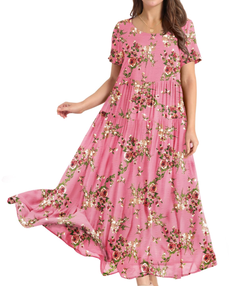 Amelia Vestido Maxi Mujer – Floral Boho, Cintura Imperio, Falda Escalonada y Bolsillos
