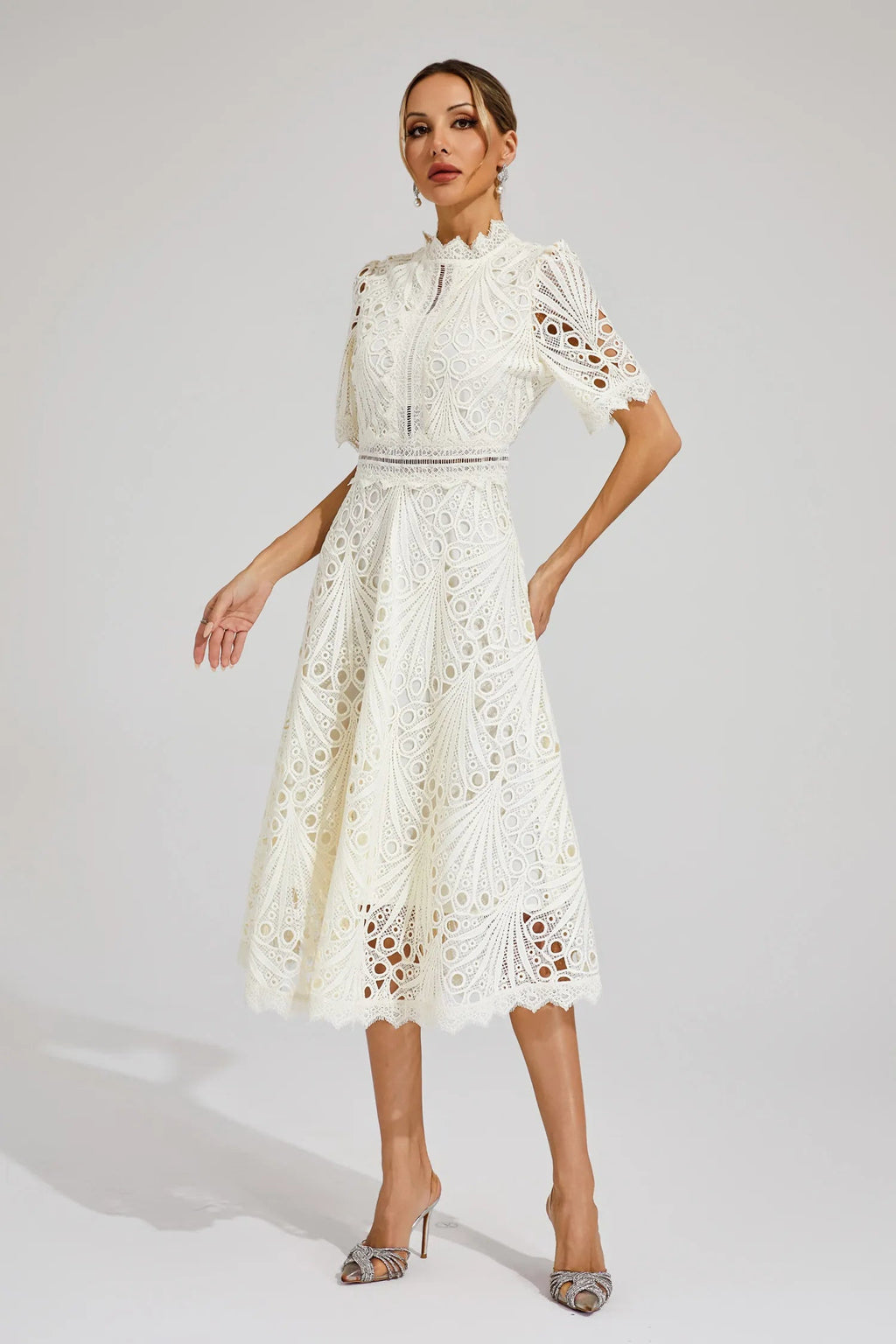 Giada Robe midi en dentelle pour femme – Robe élégante découpée chic fête