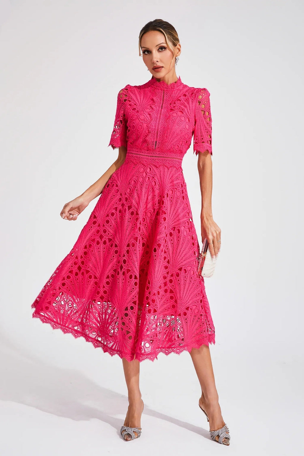 Giada Robe midi en dentelle pour femme – Robe élégante découpée chic fête