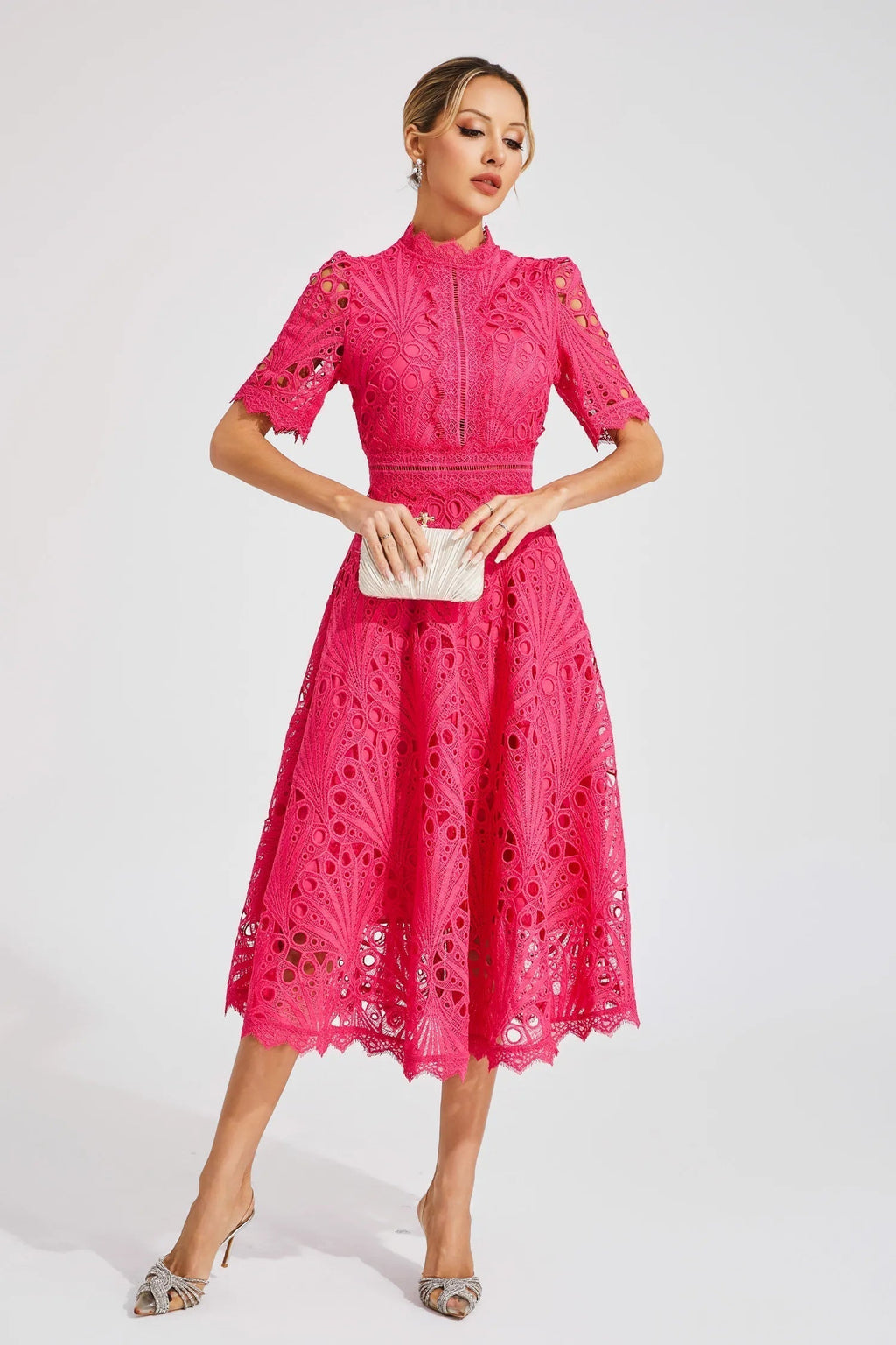 Giada Robe midi en dentelle pour femme – Robe élégante découpée chic fête