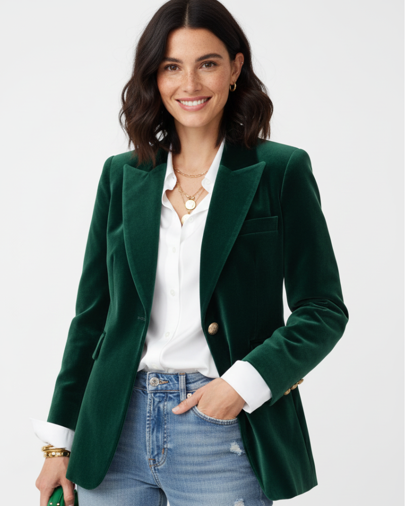 Victoria Blazer de Terciopelo para Mujer – Chaqueta Verde Elegante con Botones Dorados