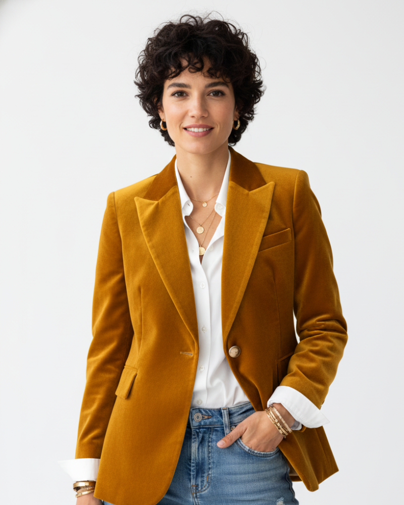 Victoria Blazer de Terciopelo para Mujer – Chaqueta Verde Elegante con Botones Dorados