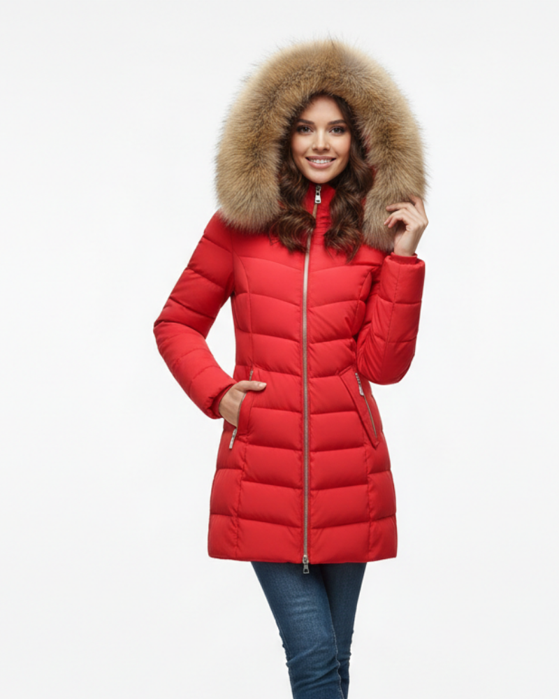 Isabella Chaqueta Acolchada para Mujer – Capucha con Pelo Sintético y Diseño Chevron