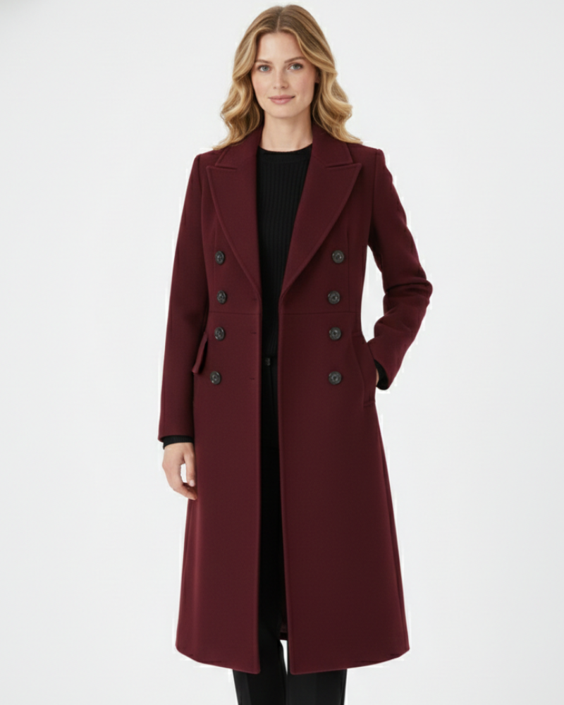 Vian Abrigo Largo de Lana para Mujer – Abrigo Burdeos Elegante Doble Botón