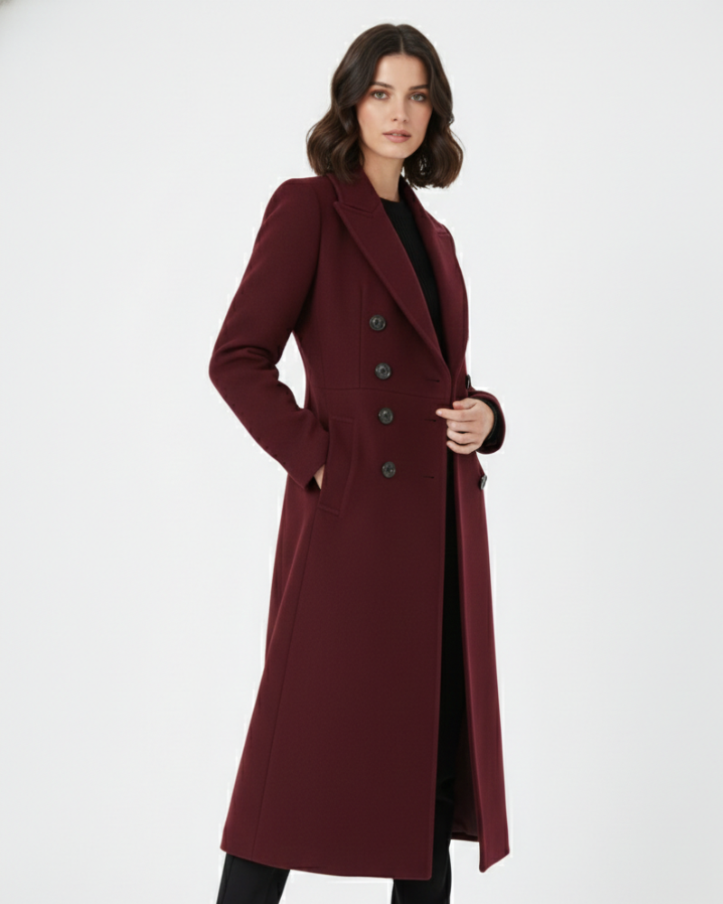 Vian Abrigo Largo de Lana para Mujer – Abrigo Burdeos Elegante Doble Botón